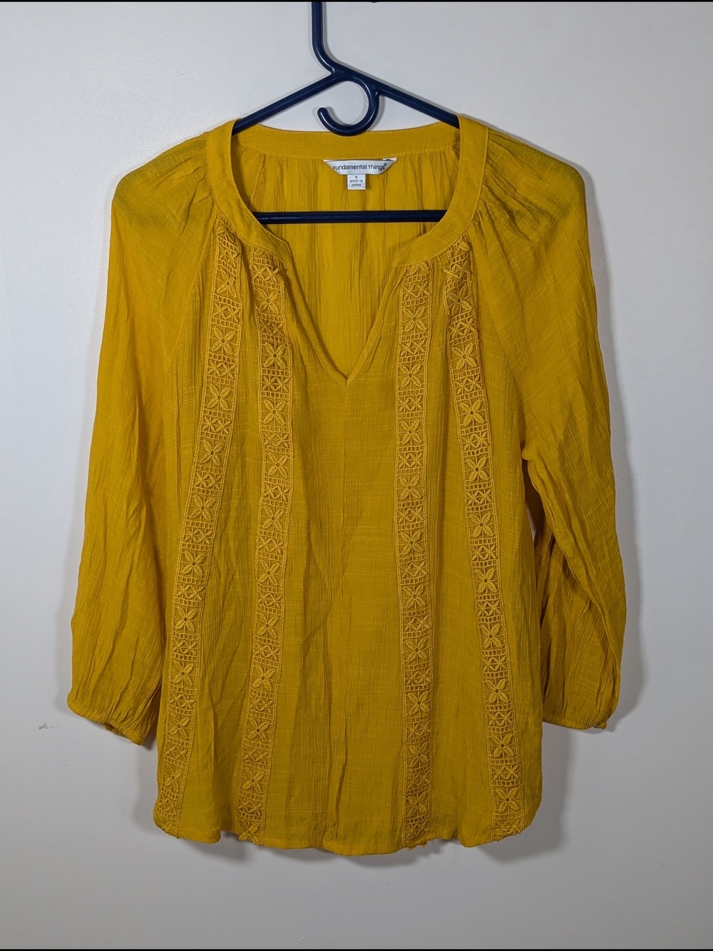 fundamental things Solid Yellow Woven Rayon Blend V-Neck Embroidered Blouse S
